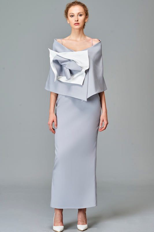 Fitted Long Dress with Off-The-Shoulder Bolero