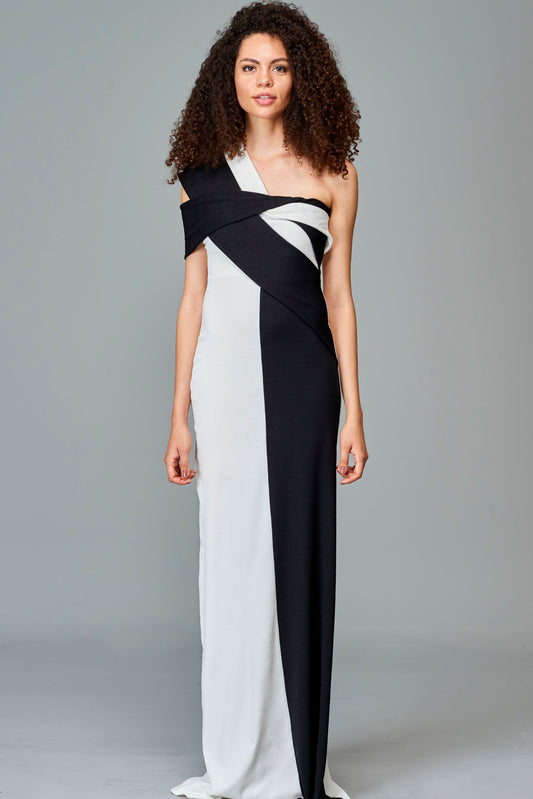 Two Toned Stretch Knit Jacquard Long Dress
