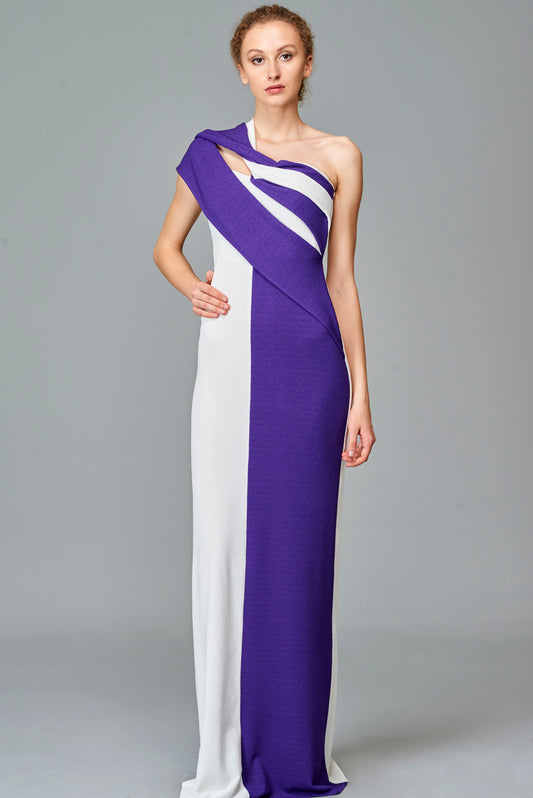 Two Toned Stretch Knit Jacquard Long Dress
