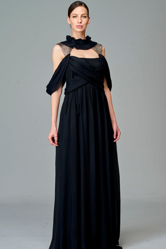 Draped Viscose and Jacquard Long Dress