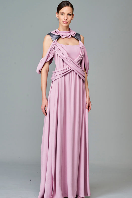 Draped Viscose and Jacquard Long Dress