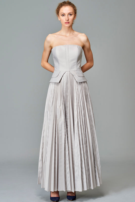 Striped and Plain Taffeta Pleated Gown
