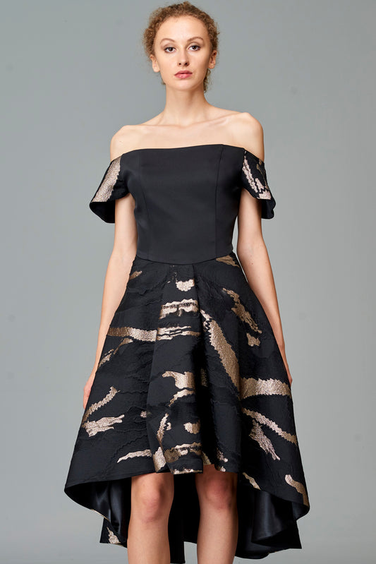 Off Shoulder Faille Jacquard Short Dress