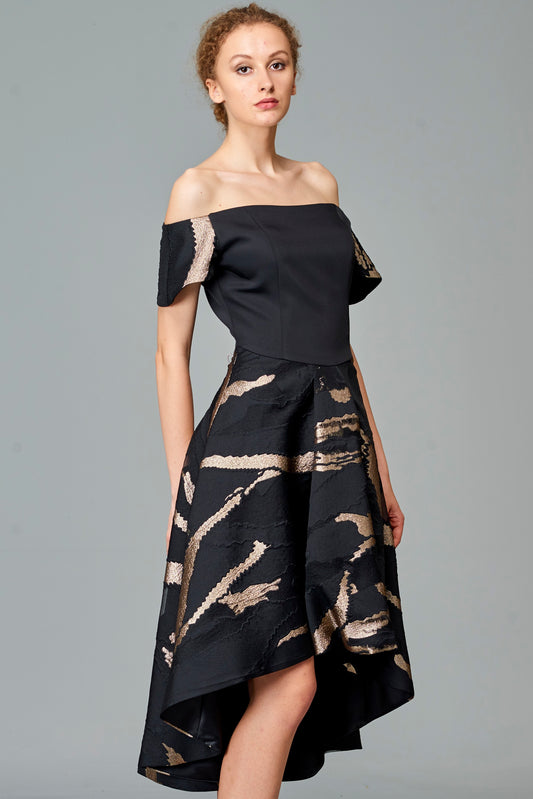 Off Shoulder Faille Jacquard Short Dress
