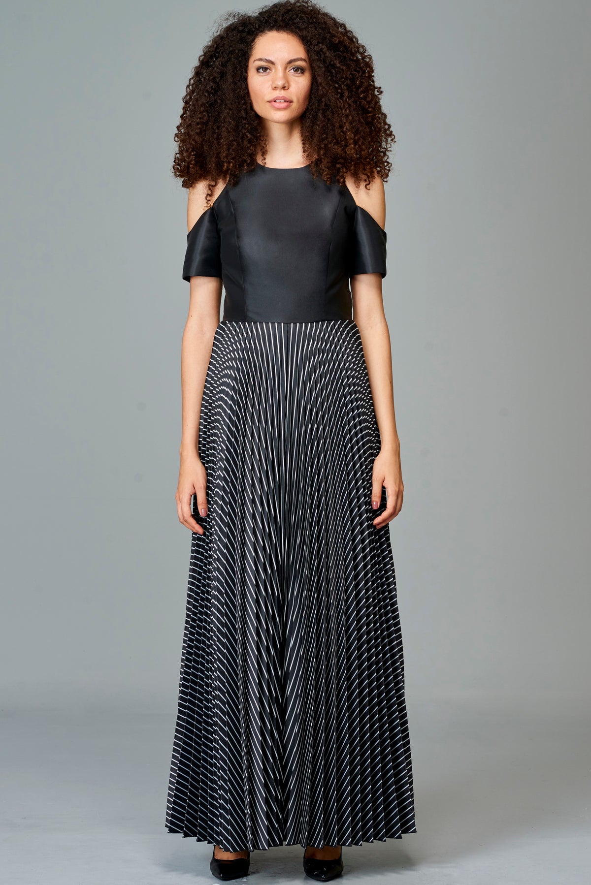 Cold Shoulder Striped and Plain Taffeta Gown
