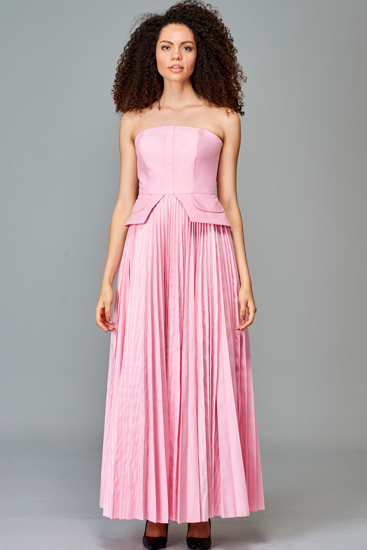 Striped and Plain Taffeta Pleated Gown