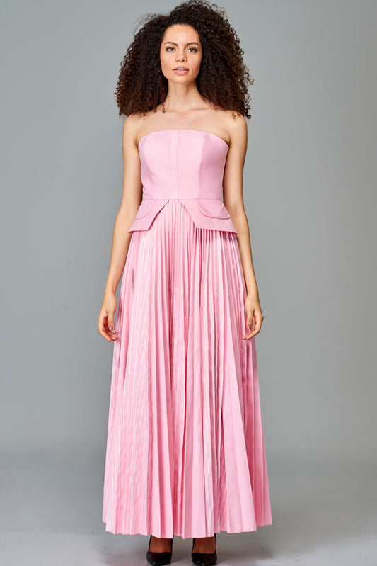 Striped and Plain Taffeta Pleated Gown