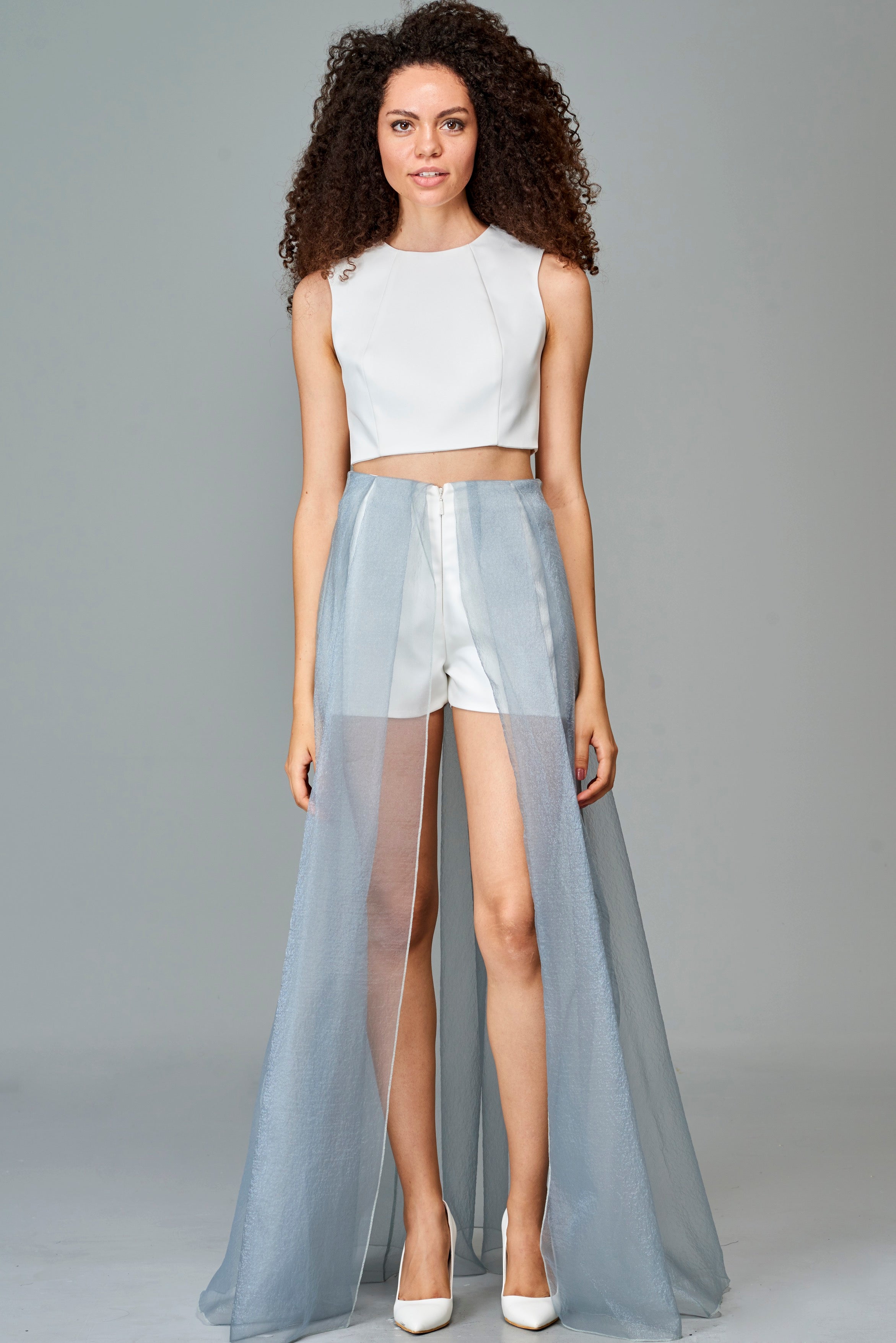 Sleeveless Crop Top with Pleated Organza Overskirt Short