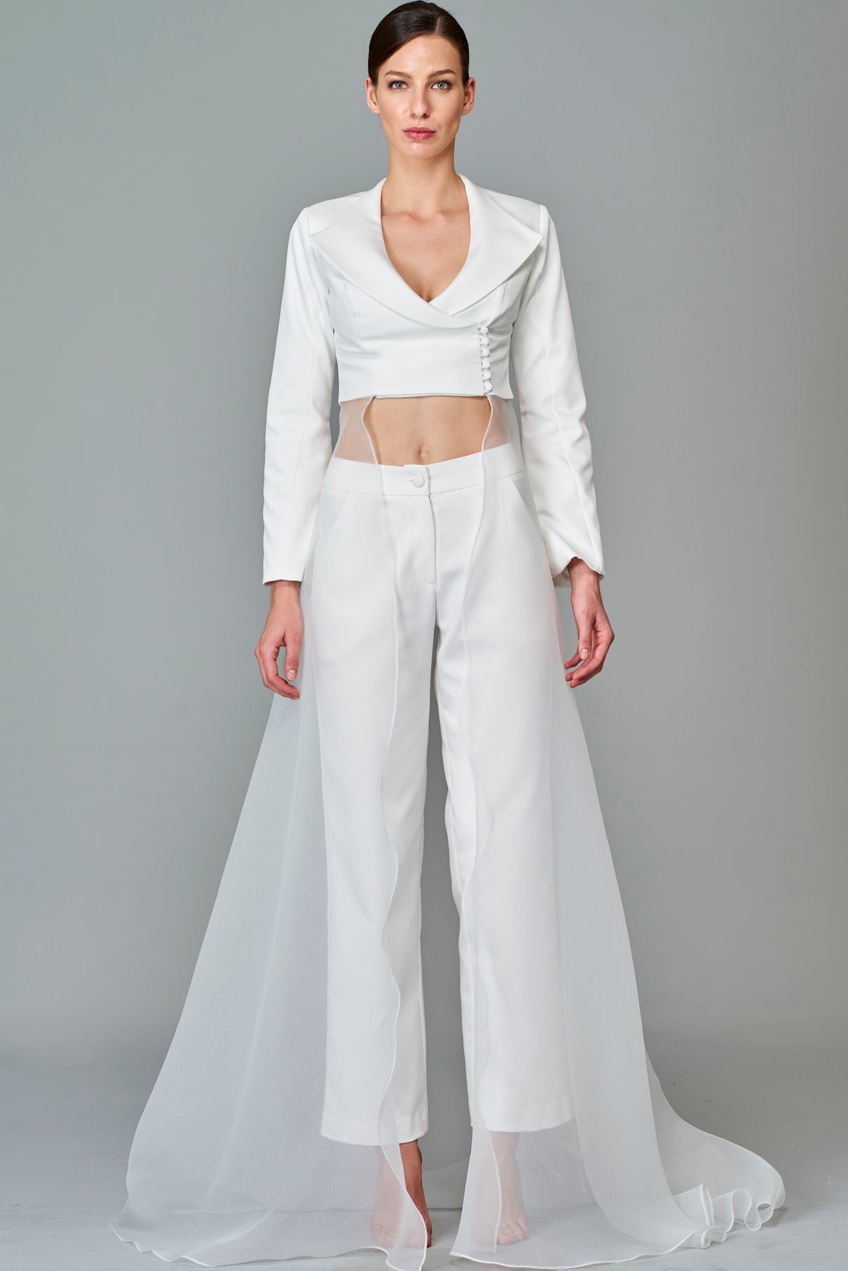 Crop Jacket with Organza Overskirt with Classic Pant