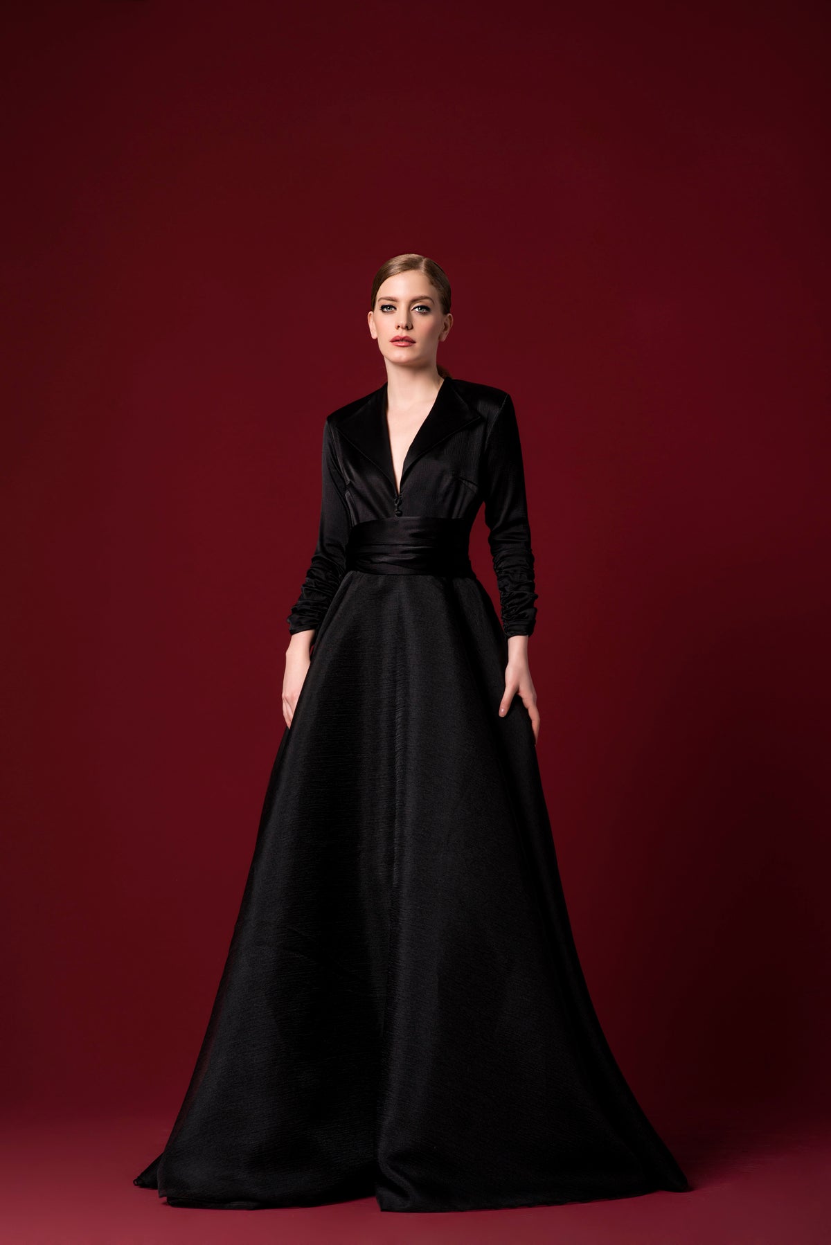 Stretch Satin Viscose and Organza Long Dress